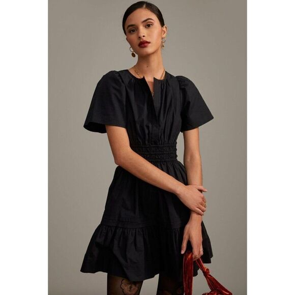Anthropologie Somerset Tiered Mini Dress in Black Cotton NEW XXS - Picture 1 of 9